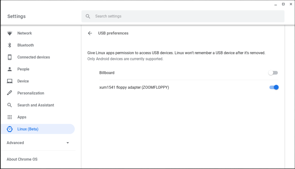Verify the ZoomFloppy is connected to Linux on a Pixelbook Go